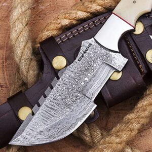 SUSA KNIVES Handmade Damascus Tracker Knife with Bone Handle - Survival Knife - Camping Knife - Damascus Steel Knife - Damascus Hunting Knife with Sheath Horizontal Carry Fixed Blade Knife (WHITE)