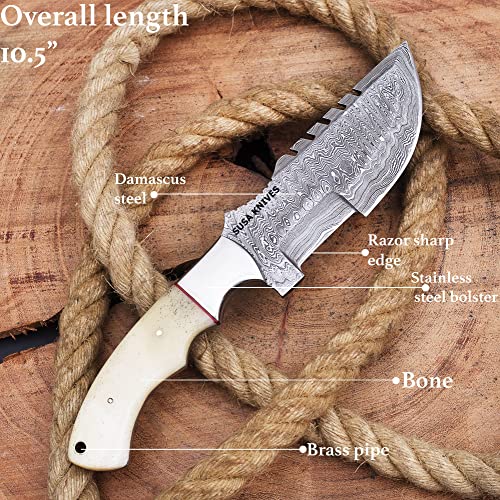 SUSA KNIVES Handmade Damascus Tracker Knife with Bone Handle - Survival Knife - Camping Knife - Damascus Steel Knife - Damascus Hunting Knife with Sheath Horizontal Carry Fixed Blade Knife (WHITE)