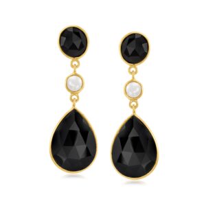 ross-simons black onyx and 5mm cultured freshwater button pearl drop earrings in 18kt gold over sterling