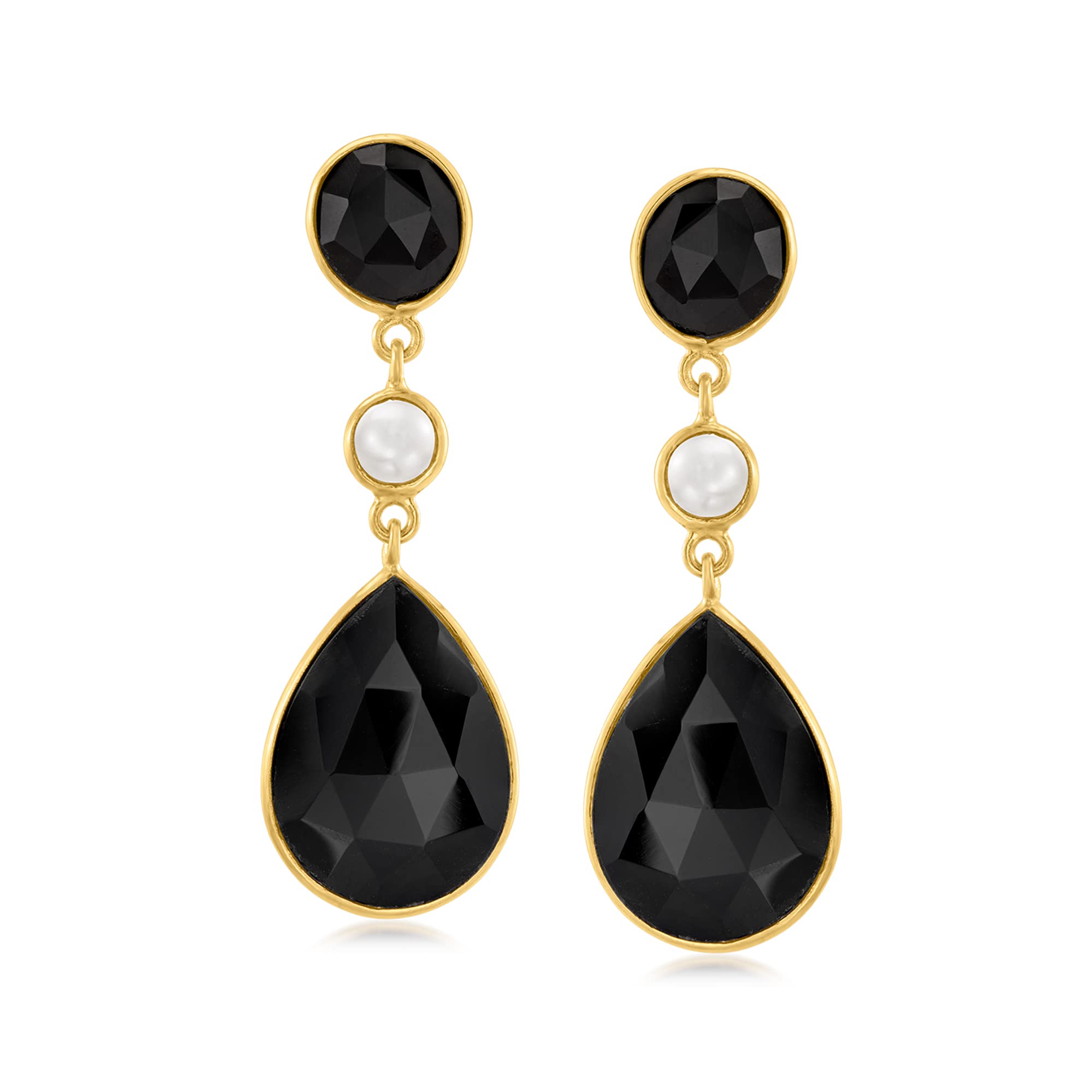 Ross-Simons Black Onyx and 5mm Cultured Freshwater Button Pearl Drop Earrings in 18kt Gold Over Sterling