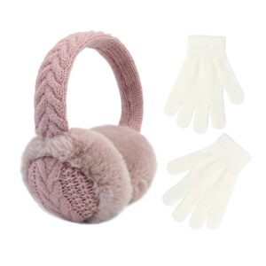 poximi baby warm earmuffs kid magic gloves girl soft plush ear muffs toddler knit mittens for boy winter ear warmer set (m-pink+white)