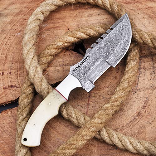 SUSA KNIVES Handmade Damascus Tracker Knife with Bone Handle - Survival Knife - Camping Knife - Damascus Steel Knife - Damascus Hunting Knife with Sheath Horizontal Carry Fixed Blade Knife (WHITE)