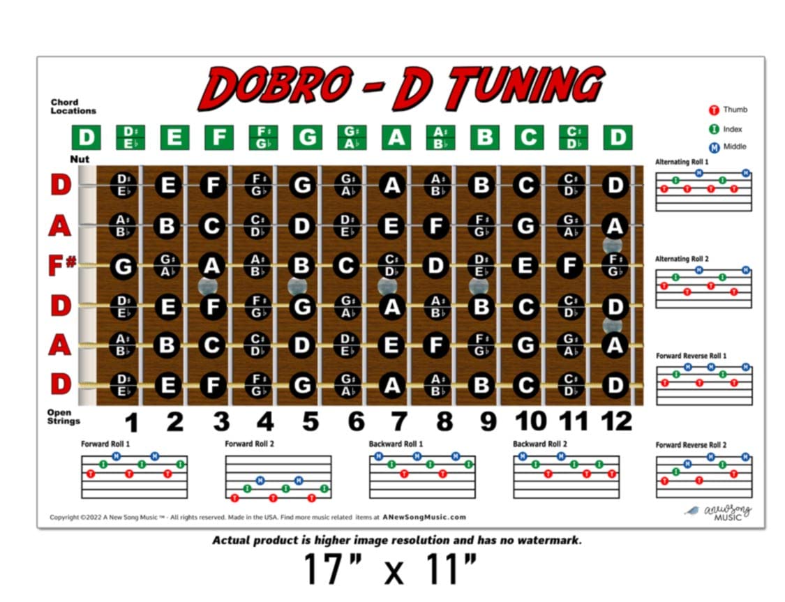 Dobro Open D Tuning Resonator Guitar Fretboard Note & Rolls Chart - Beginners & Intermediate Instructional Easy Poster Chords 11x17 | A New Song Music