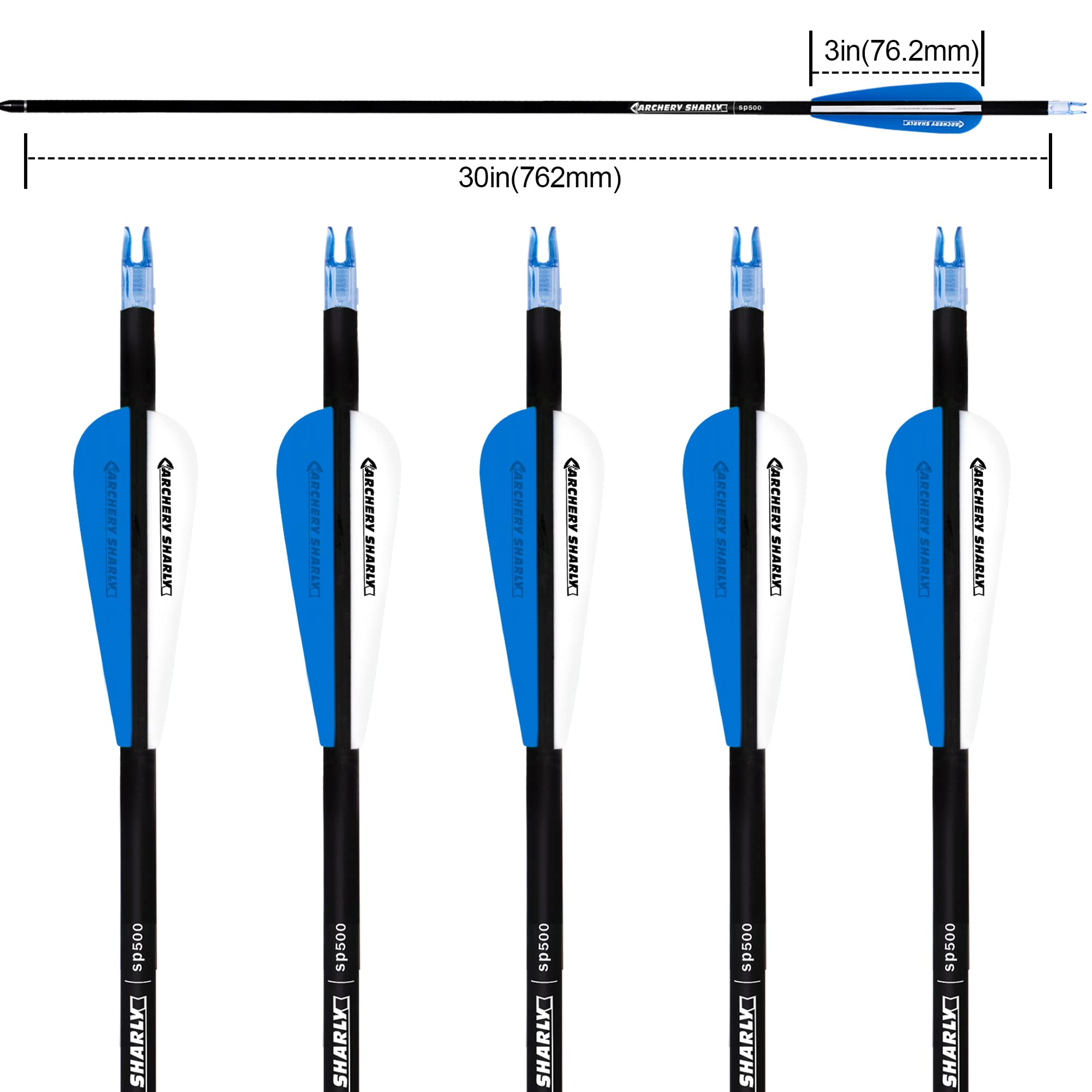 ARCHERY SHARLY 30Inch Carbon Hunting Arrow, Targeting Practice Arrows for Compound & Recurve Bow, Blue White Arrows with Removable Tips & Replaceable Nocks (12 Pack)