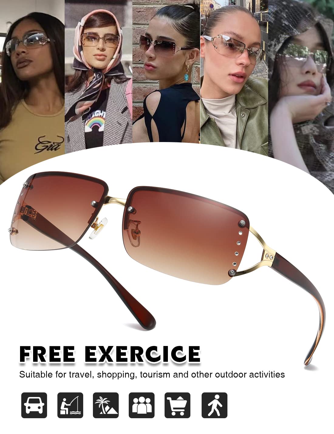 MASDUN Stylish Rimless Frameless Rectangle Sunglasses for Womens Surrounded designer trendy men (White Frame White Silver Lens/Brown Frame Brown Lens)