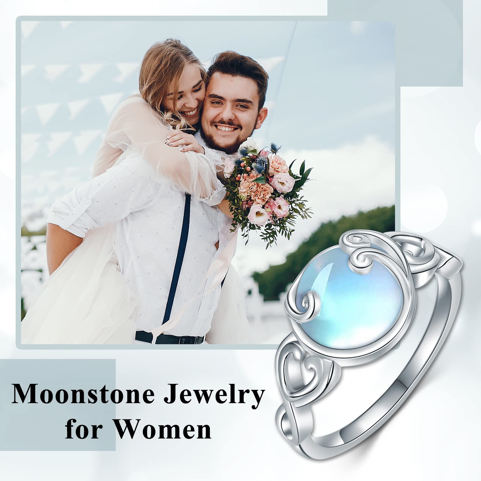 MONGAS Moonstone Rings 925 Sterling Silver Filigree Moonstone Jewelry Gifts for Women