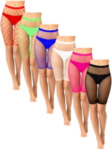 6 pairs fishnet biker short elastic fishnet high waisted shorts see through sheer mesh short leggings for women (mixed color, small, medium, large net)