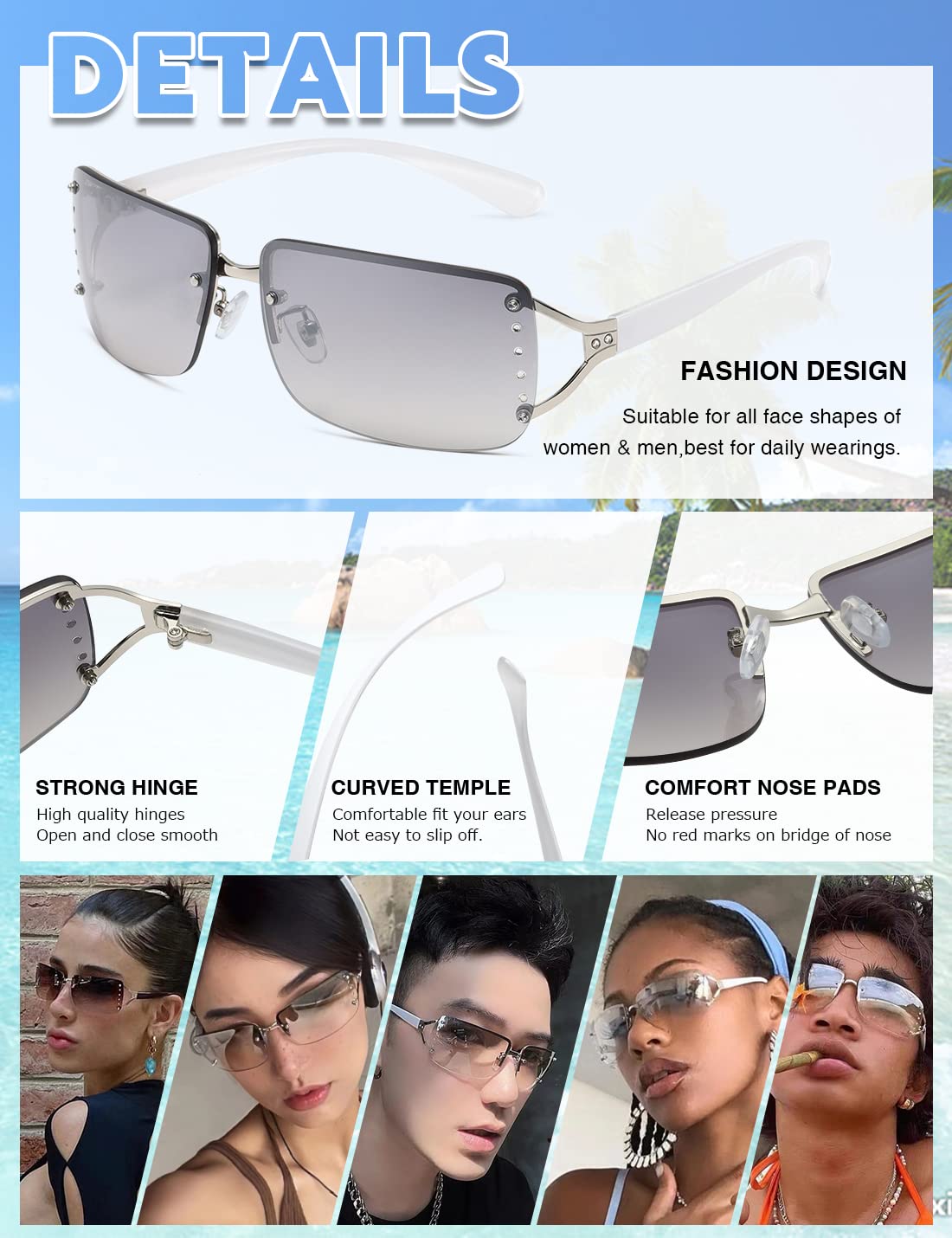 MASDUN Stylish Rimless Frameless Rectangle Sunglasses for Womens Surrounded designer trendy men (White Frame White Silver Lens/Brown Frame Brown Lens)