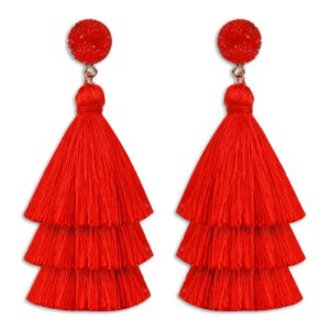 layered tassel earrings for women bohemian tassel earrings fringe dangle drop earrings for birthday christmas wedding valentines day gift (red)