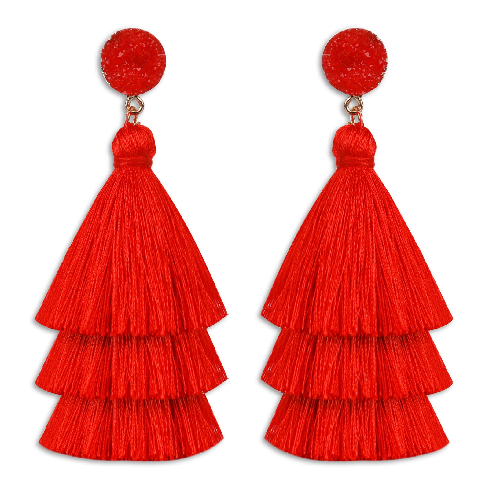 Layered Tassel Earrings for Women Bohemian Tassel Earrings Fringe Dangle Drop Earrings for Birthday Christmas Wedding Valentines Day Gift (Red)