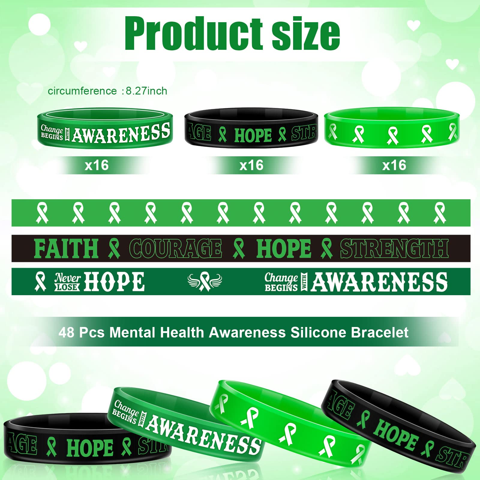 Sosation 48 Pcs Mental Health Awareness Bracelet Gifts Green Mental Faith Courage Hope Silicone Motivational Bracelets for Men Women