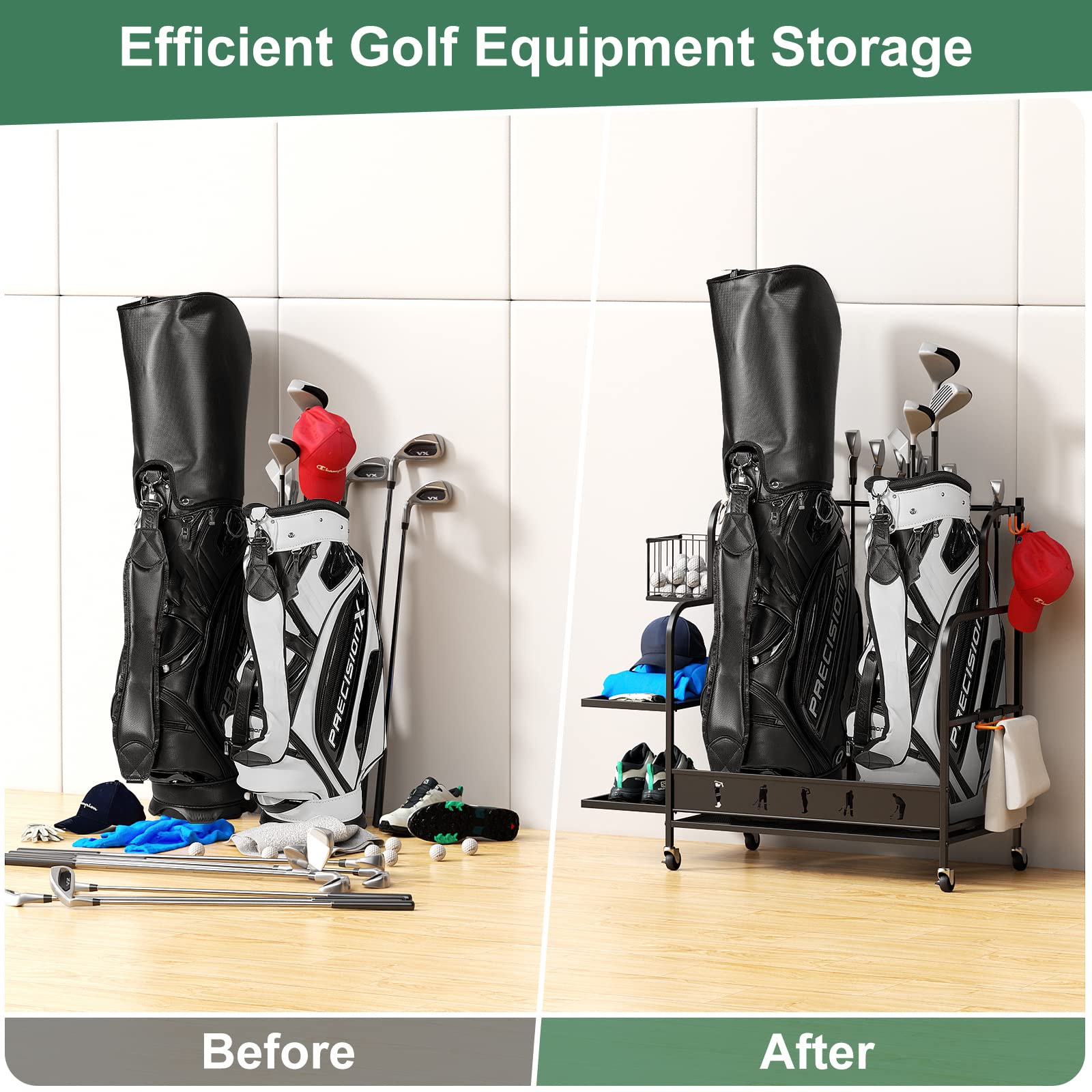 VOPEAK Golf Bag Organizer, Golf Bag Stand for Two Bags, Golf Organizer for Golf Clubs, Golf Balls, Golf Equipment Accessories