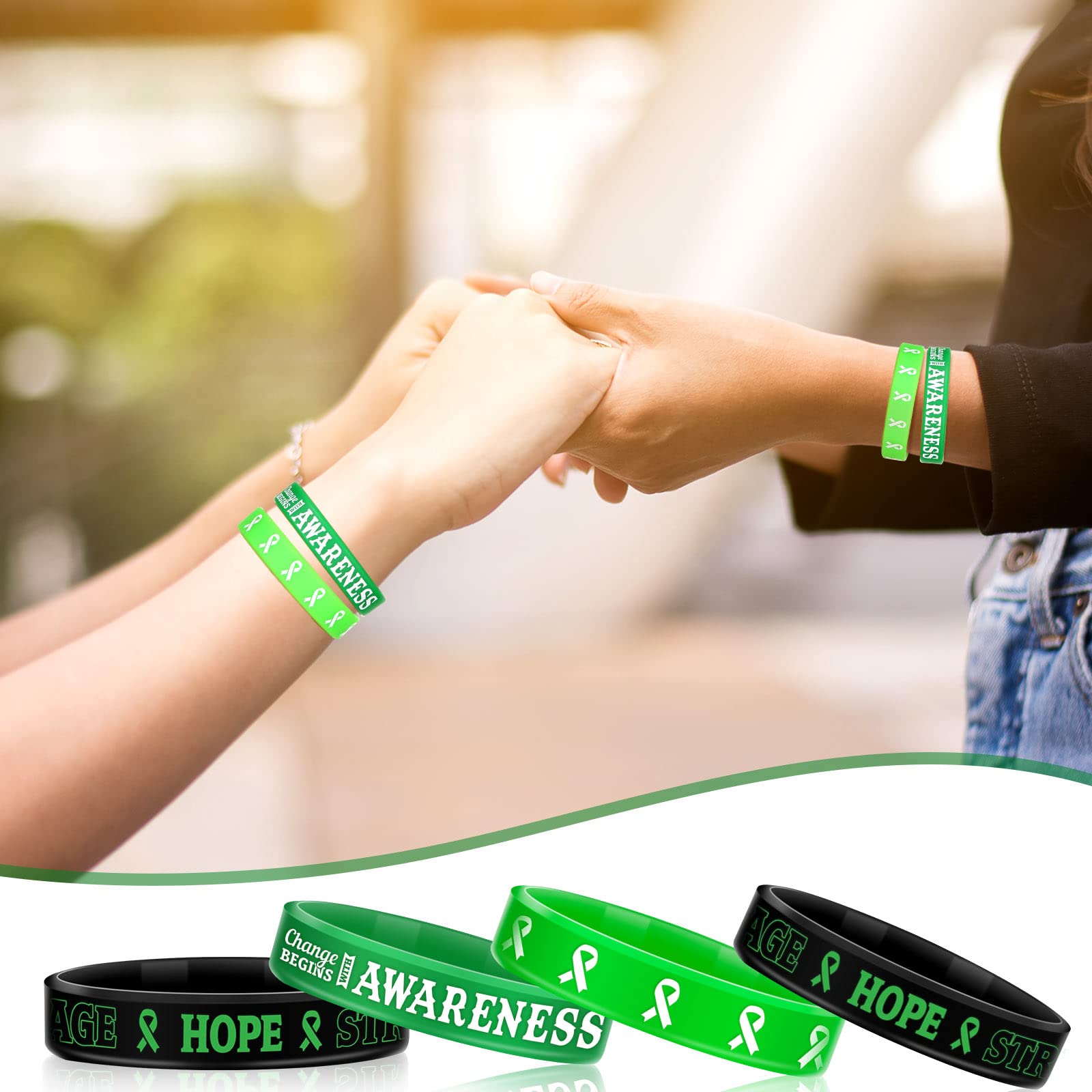 Sosation 48 Pcs Mental Health Awareness Bracelet Gifts Green Mental Faith Courage Hope Silicone Motivational Bracelets for Men Women