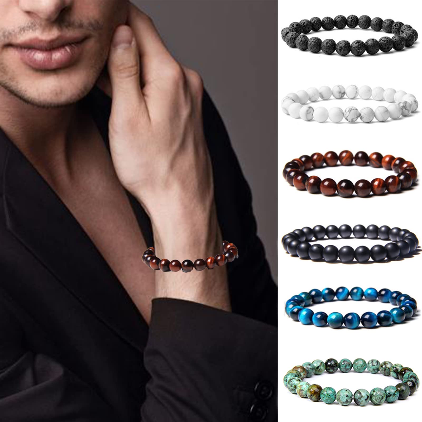 CASDAN 12PCS 8mm Semi-Precious Gemstones Beaded Bracelets for Men Women Tiger Eye Lava Rock Healing Crystal Stone Bead Bracelets Set (A: 12 PCS)