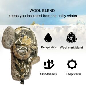 100% Real Rabbit Fur Winter Trapper Hat for Men Women Russian Fur Ushanka Aviator Hat Mens Trapper Hat with Ear Flaps Camo Brown