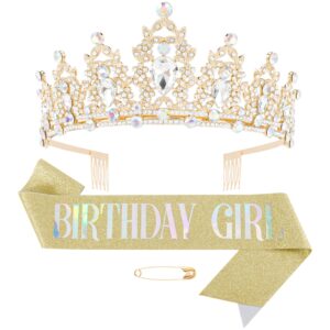 Didder Gold Birthday Girl Sash & Crystal Crown Set, Birthday Crown Birthday Tiara for Women Birthday Crowns for Women Girls Birthday Sash and Tiara for Women Happy Birthday Gift