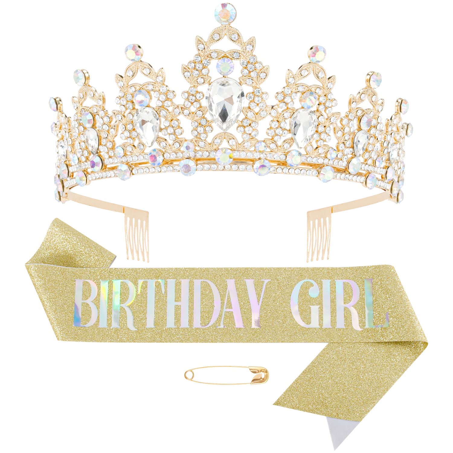 Didder Gold Birthday Girl Sash & Crystal Crown Set, Birthday Crown Birthday Tiara for Women Birthday Crowns for Women Girls Birthday Sash and Tiara for Women Happy Birthday Gift