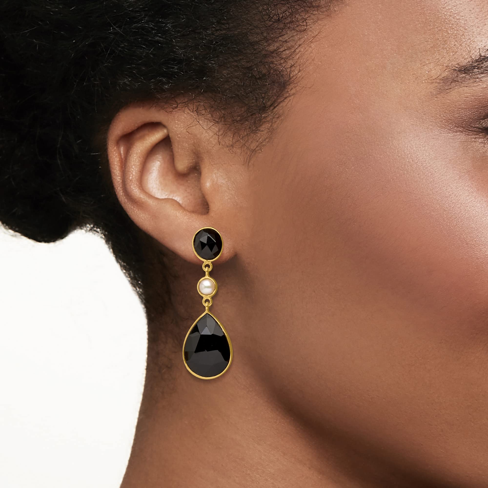 Ross-Simons Black Onyx and 5mm Cultured Freshwater Button Pearl Drop Earrings in 18kt Gold Over Sterling