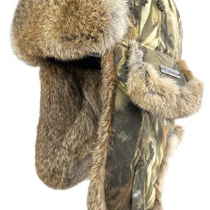 100% Real Rabbit Fur Winter Trapper Hat for Men Women Russian Fur Ushanka Aviator Hat Mens Trapper Hat with Ear Flaps Camo Brown