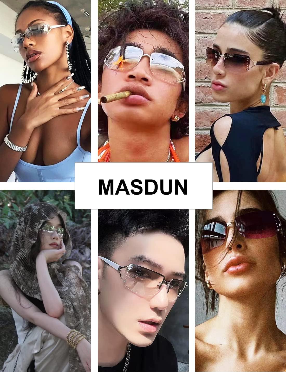 MASDUN Stylish Rimless Frameless Rectangle Sunglasses for Womens Surrounded designer trendy men (White Frame White Silver Lens/Brown Frame Brown Lens)