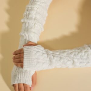 Verdusa Women's Knitted Arm Warmers Long Fingerless Gloves White one-size