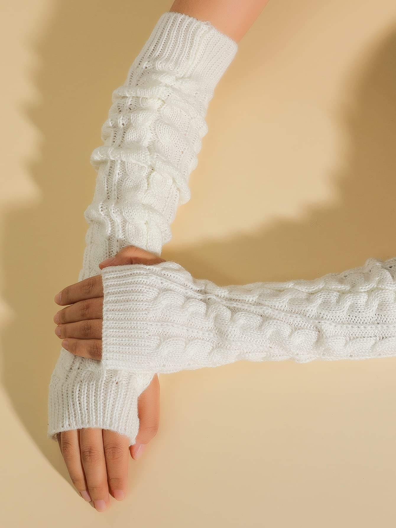 Verdusa Women's Knitted Arm Warmers Long Fingerless Gloves White one-size