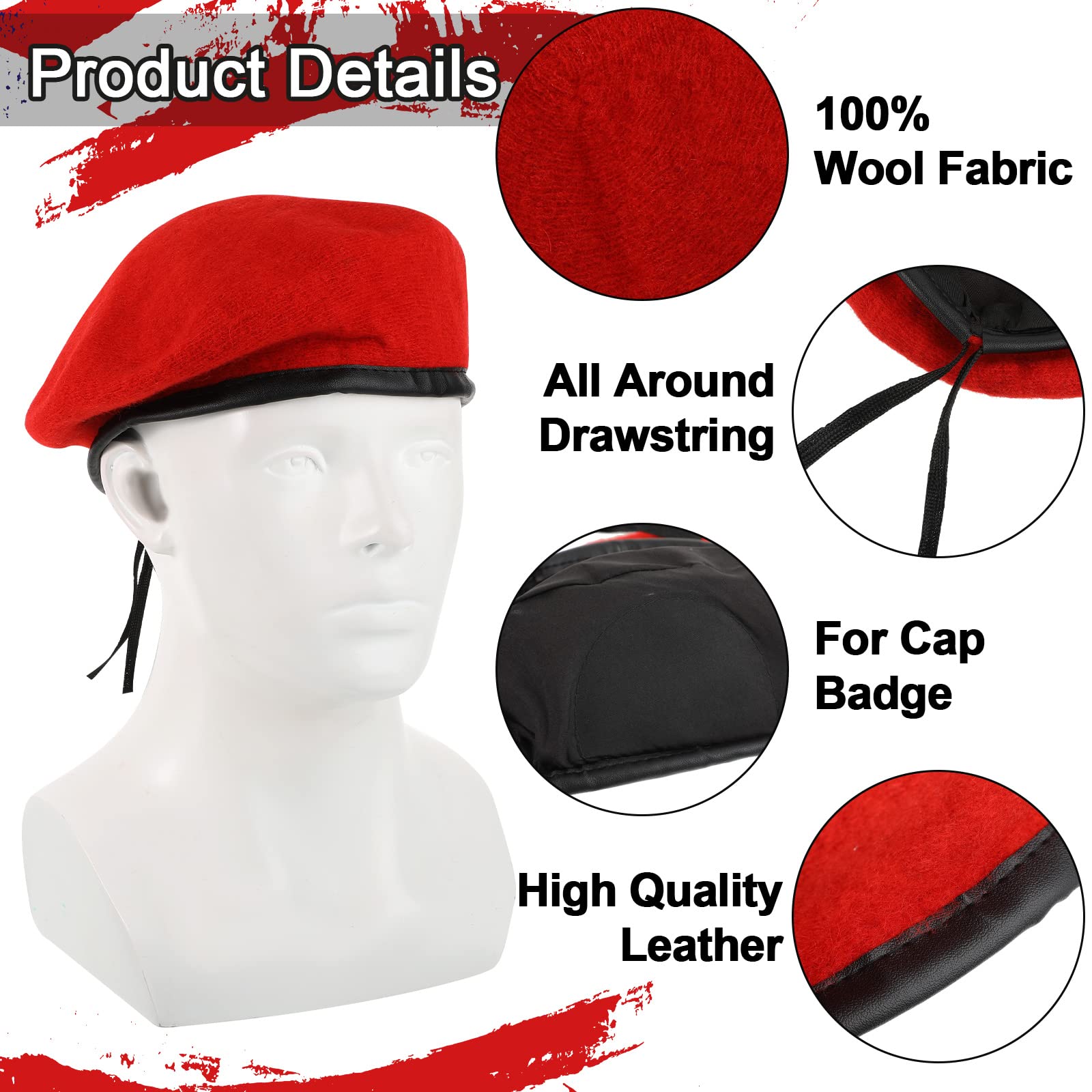 Zhehao Adjustable Wool Berets Solid Color Military Army Style Berets Beret Hats for Men and Women with Faux Leather Trim (Red, Black, 2 Pcs)