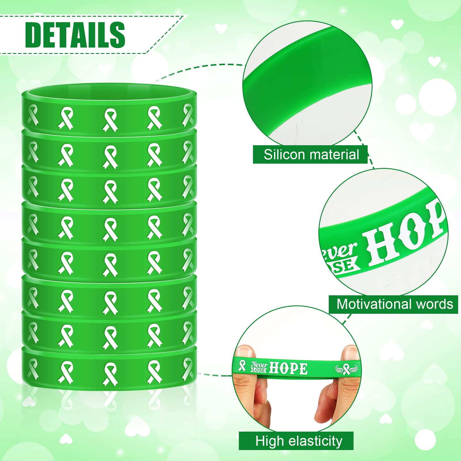 Sosation 48 Pcs Mental Health Awareness Bracelet Gifts Green Mental Faith Courage Hope Silicone Motivational Bracelets for Men Women