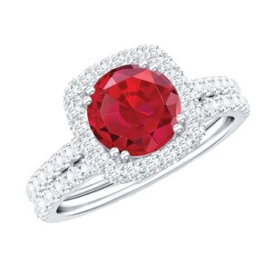 certified lab grown ruby moissanite wedding ring set, aaaa grade, 8 mm round ruby halo engagement ring with band - with jewelry box, 14k white gold, size:us 5.50