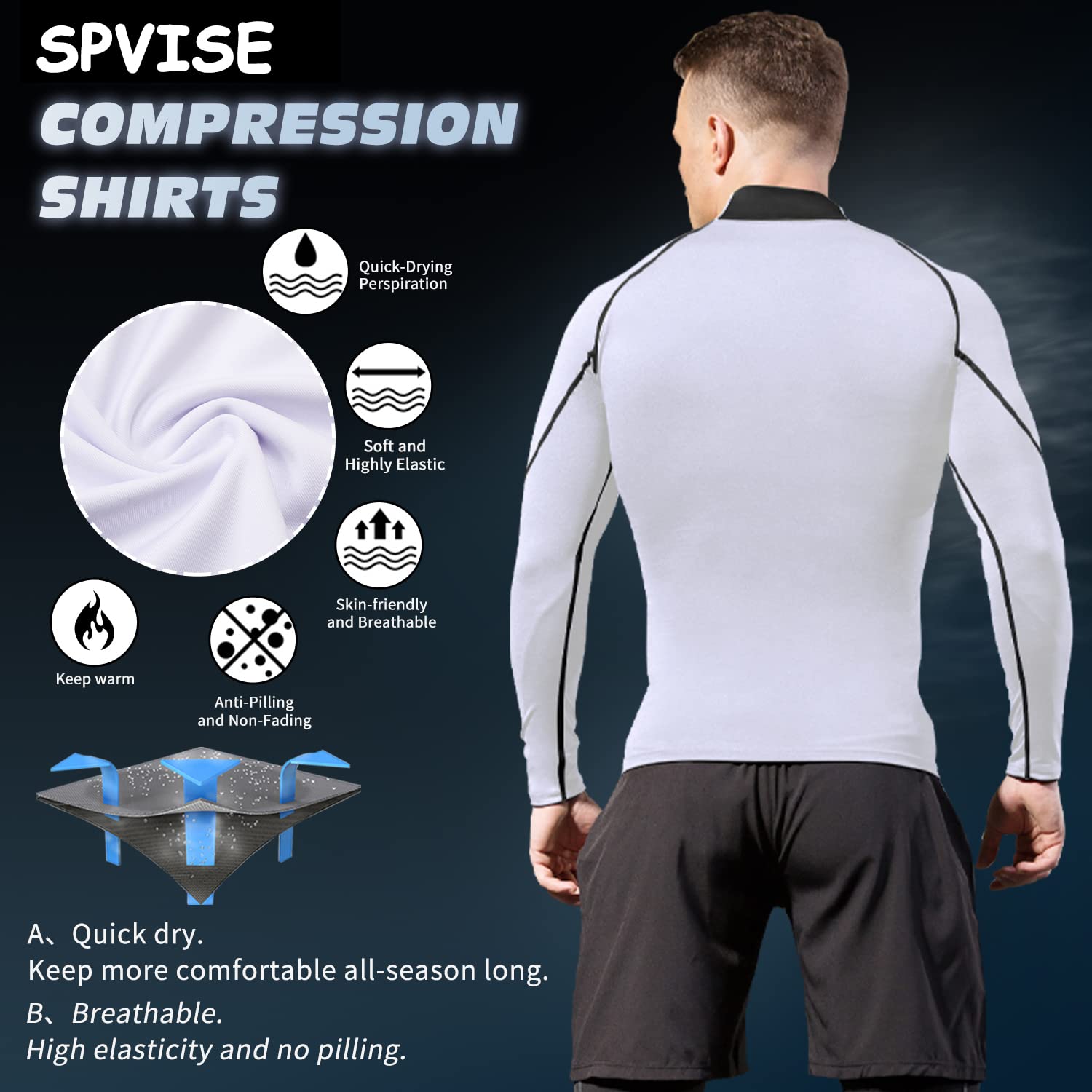 SPVISE White Compression Shirt Men Long Sleeve Workout Gym Top Rash Guard Athletic Undershirt Gear T Shirt for Sport Cool Dry