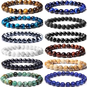 casdan 12pcs 8mm semi-precious gemstones beaded bracelets for men women tiger eye lava rock healing crystal stone bead bracelets set (a: 12 pcs)