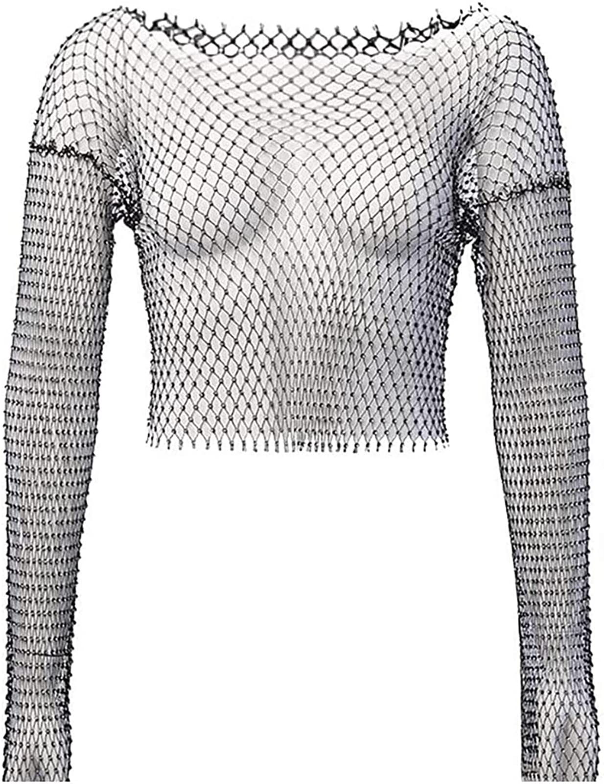 YQC Women's Sleevess Rhinestone Mesh Top -Glitter Crystal Sexy Fishnet Tops V-neck Tank -See Through Vest Rhinestone Top (Style 1)