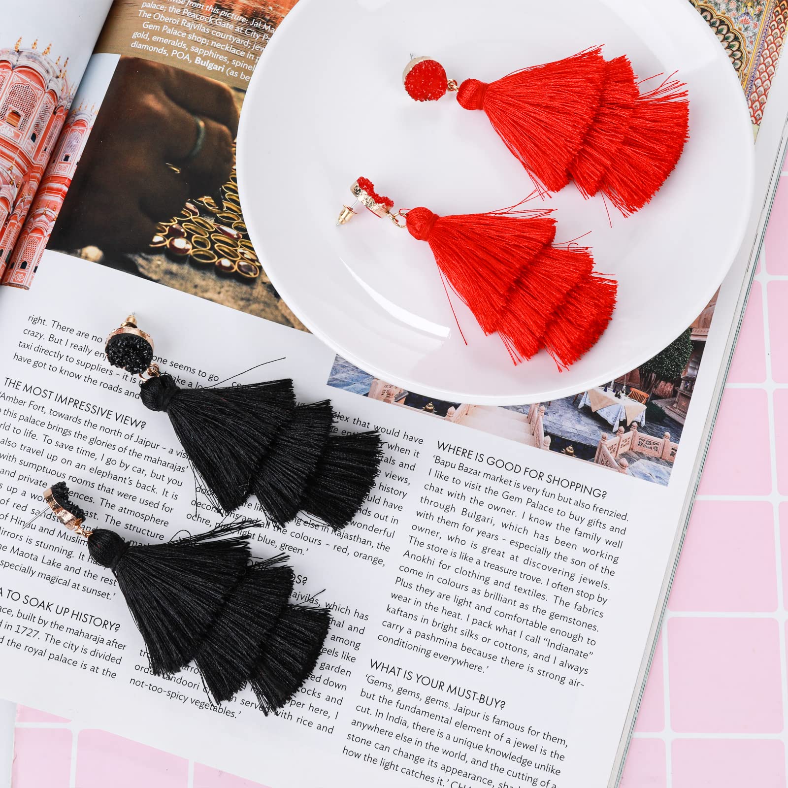 Layered Tassel Earrings for Women Bohemian Tassel Earrings Fringe Dangle Drop Earrings for Birthday Christmas Wedding Valentines Day Gift (Red)