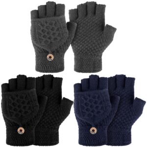 Newcotte 3 Pairs Knitted Convertible Fingerless Gloves Winter Flap Cover Convertible Gloves Warm Mittens for Women (Black, Dark Gray, Navy Blue)