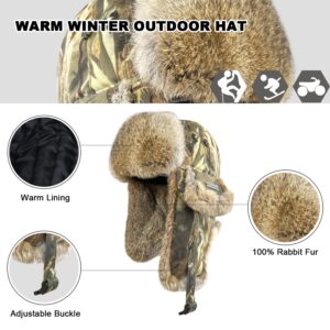 100% Real Rabbit Fur Winter Trapper Hat for Men Women Russian Fur Ushanka Aviator Hat Mens Trapper Hat with Ear Flaps Camo Brown