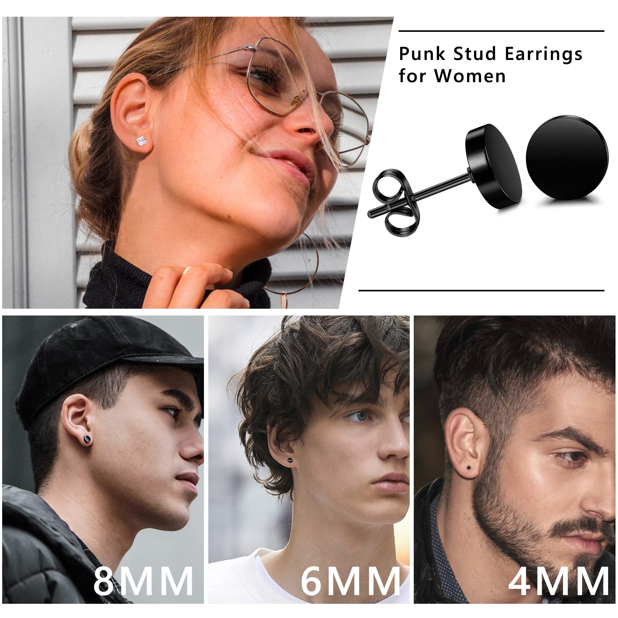 YADOCA 14Pairs Stainless Steel Black Stud Earrings for Men Women Cubic Zirconia Round Stud Earrings Hypoallergenic Unisex Earrings Jewelry Gift