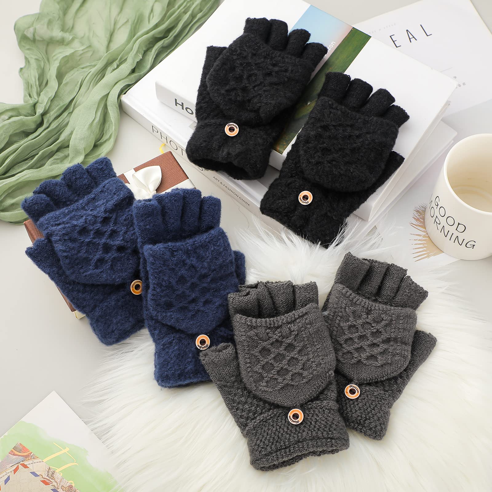 Newcotte 3 Pairs Knitted Convertible Fingerless Gloves Winter Flap Cover Convertible Gloves Warm Mittens for Women (Black, Dark Gray, Navy Blue)