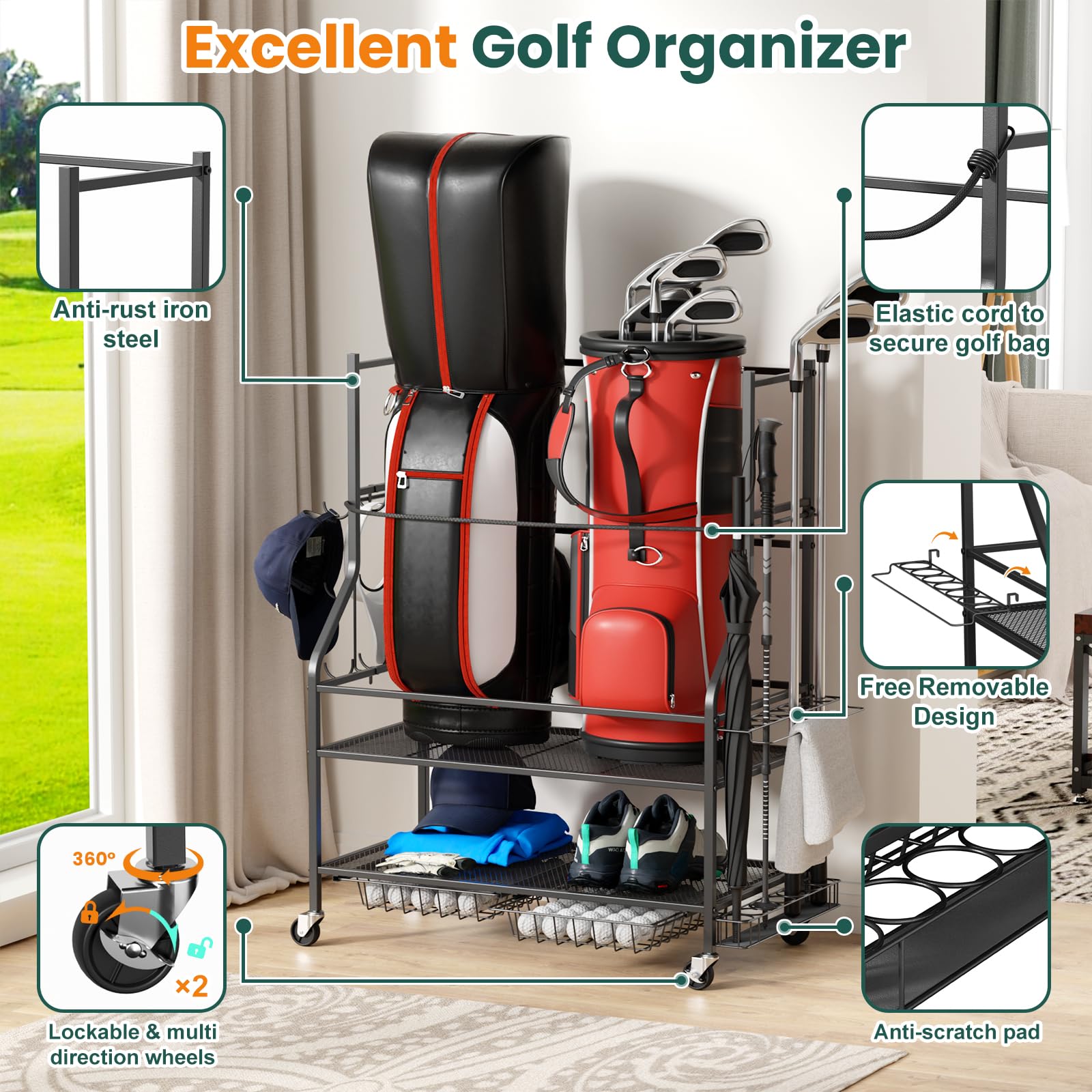 VOPEAK Golf Bag Organizer, Golf Bag Stand for Two Bags, Golf Organizer for Golf Clubs, Golf Balls, Golf Equipment Accessories