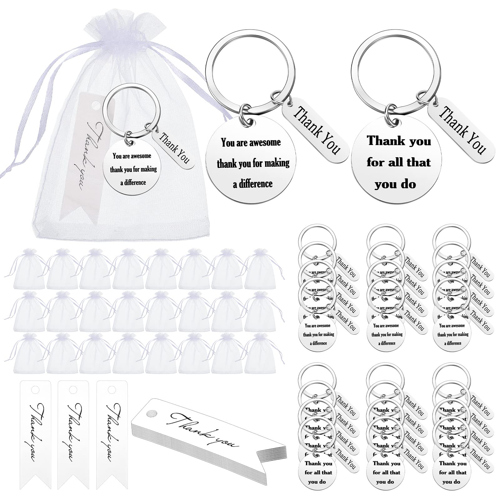 Yinkin 72 Pcs Employee Appreciation Gift Bulk for Employee Thank You Gifts Keychains with Bags for Teacher Graduation(Silver)