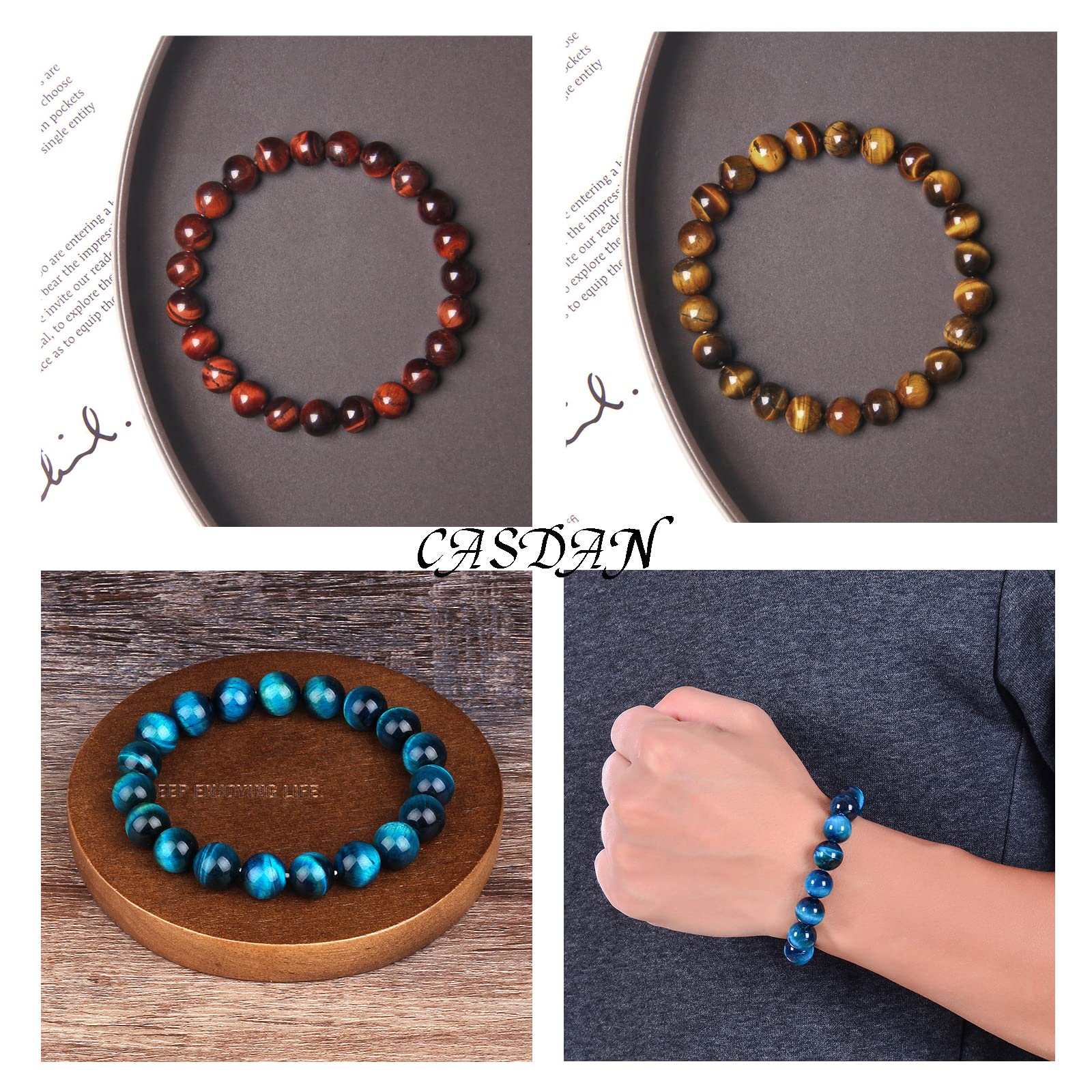 CASDAN 12PCS 8mm Semi-Precious Gemstones Beaded Bracelets for Men Women Tiger Eye Lava Rock Healing Crystal Stone Bead Bracelets Set (A: 12 PCS)