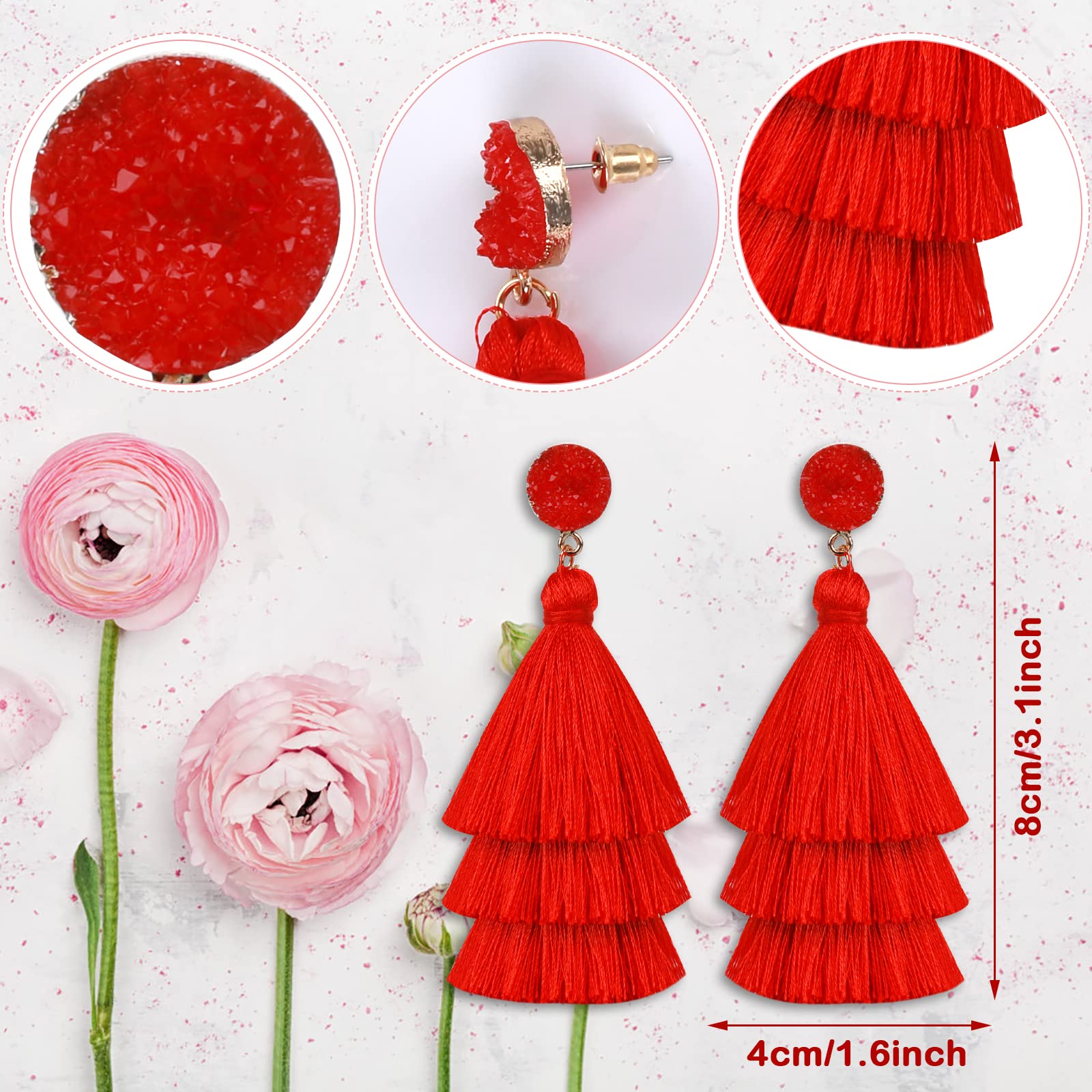 Layered Tassel Earrings for Women Bohemian Tassel Earrings Fringe Dangle Drop Earrings for Birthday Christmas Wedding Valentines Day Gift (Red)