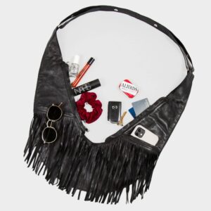 SASH Crossbody Bag - Black Genuine Leather Fringe Purse for Women - Travel Sling Bag with FRID-Protected Wallet