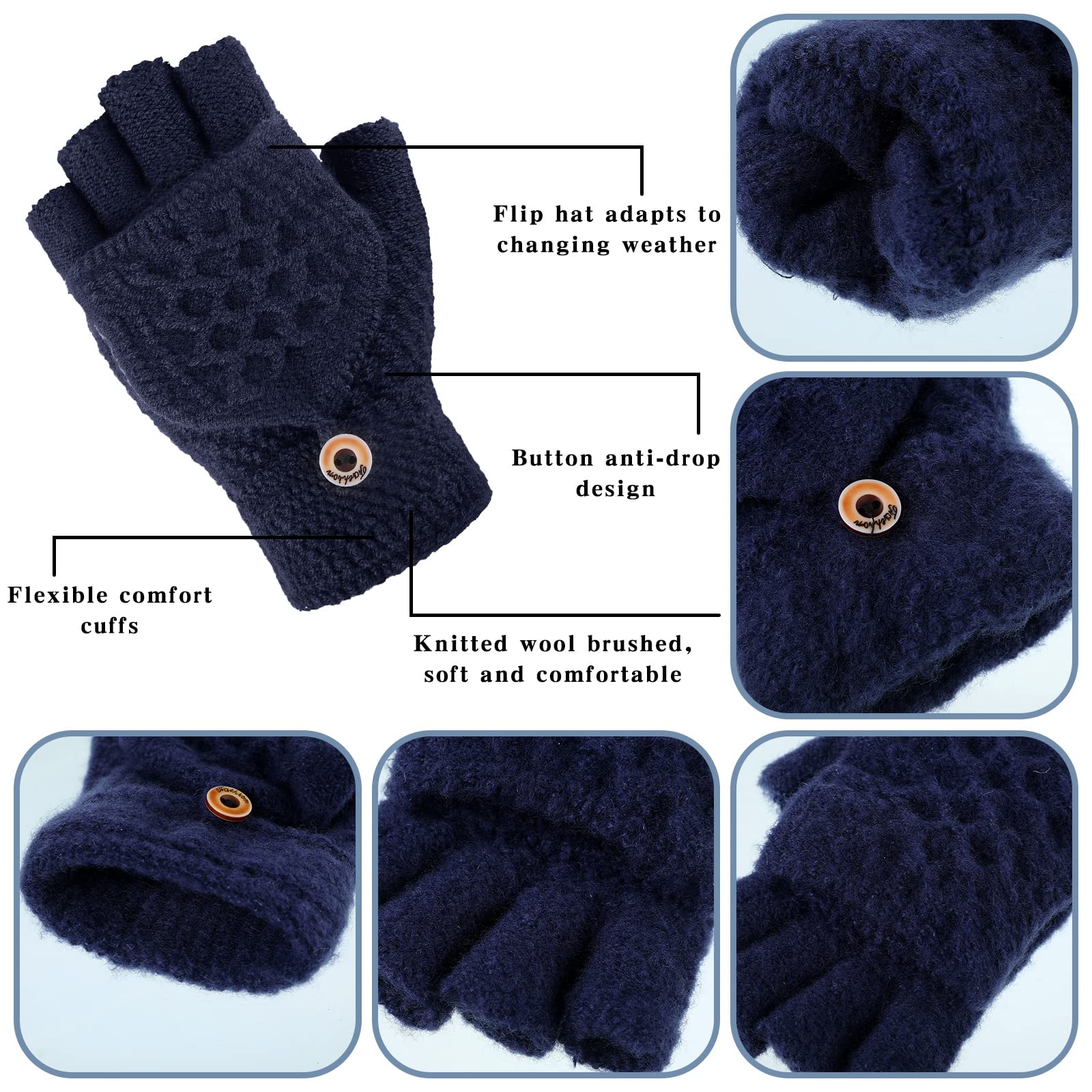 Newcotte 3 Pairs Knitted Convertible Fingerless Gloves Winter Flap Cover Convertible Gloves Warm Mittens for Women (Black, Dark Gray, Navy Blue)