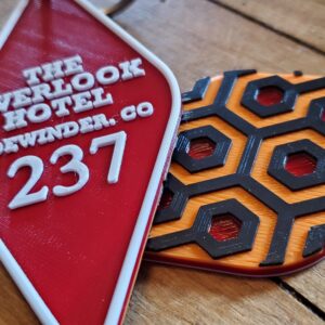 Room 237 Hexagon keychain from the Overlook Hotel in The Shining, Red, Orange, Black, White