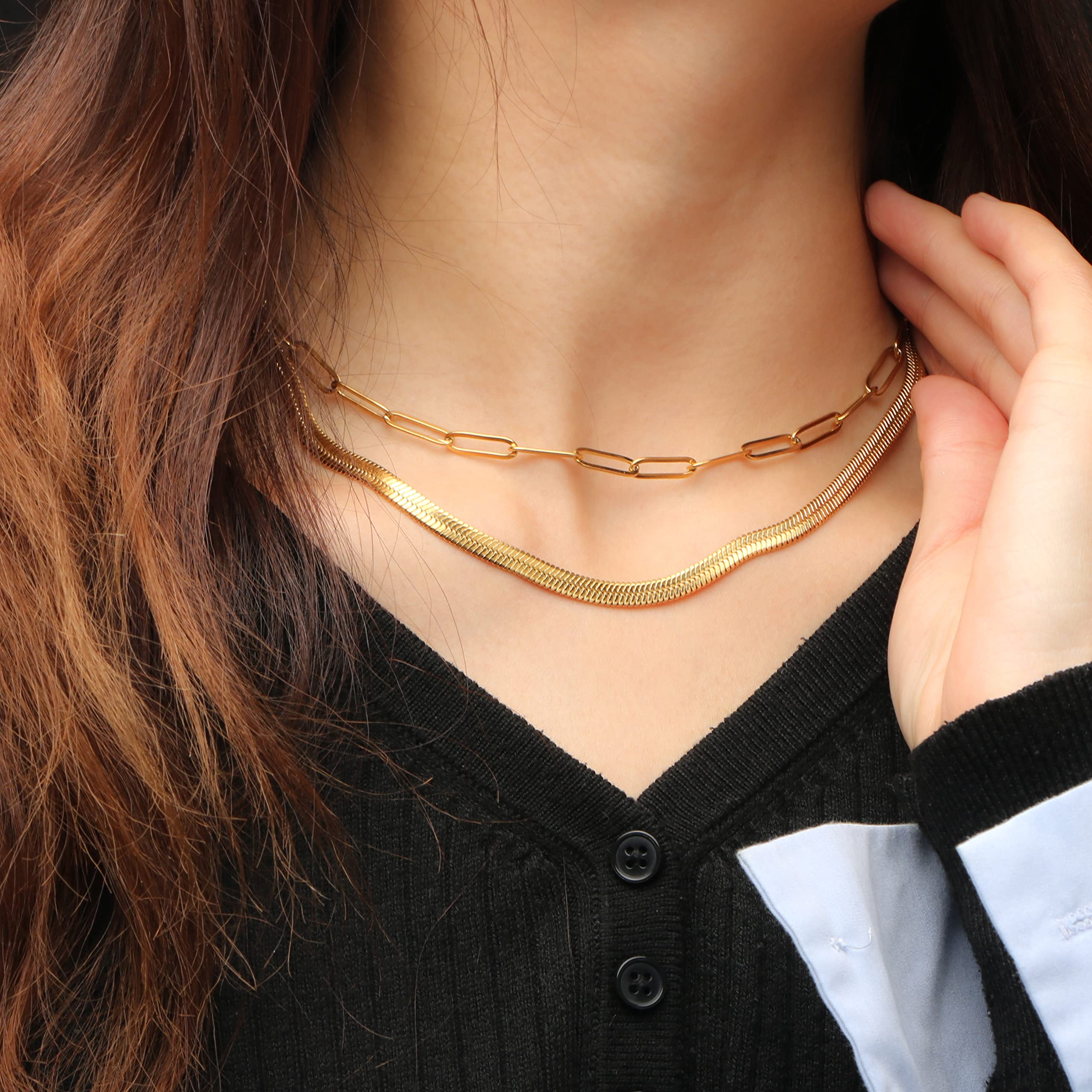 Gold Necklace for Women Layered Choker Necklace 14K Gold Jewelry for Women Dainty Layering Paperclip Snake Chain Necklace Gifts for Women Teens