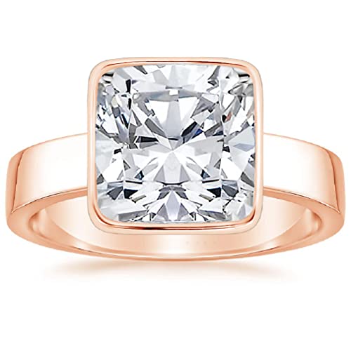 3.0 CT Cushion Colorless Moissanite Engagement Ring, Wedding Bridal Ring, Eternity Solid 10K Rose Gold Diamond Solitaire Bezel-Setting Anniversary Promises Gifts for Her (6)