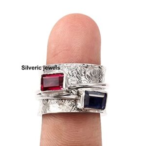 Blue Sapphire Red Ruby Spinner ring Gemstone Spinning Mantra Anxiety Texture ring 925 Silver jewelry (11)