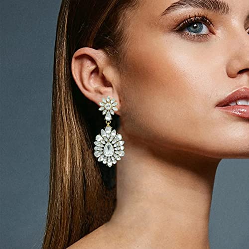 Mejialaa Women's Stunning Crystals Flower Rhinestone Marquise Teardrop Chandelier Cluster Statement Dangle Earring for Party Prom Wedding Clear Gold-Tone