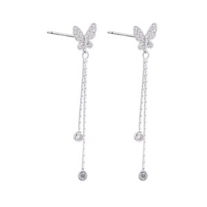 SLUYNZ Sterling Silver CZ Butterfly Pendant Tassel Earrings for Women Teen Girls Butterfly Long Drop Dangle Earrings Butterfly Drop Studs Earrings Tassel Chain (A-Silver)