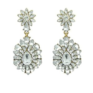 Mejialaa Women's Stunning Crystals Flower Rhinestone Marquise Teardrop Chandelier Cluster Statement Dangle Earring for Party Prom Wedding Clear Gold-Tone